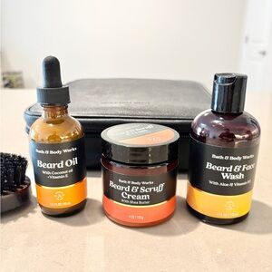 5 Pcs Bath & Body Works Men Beard Care Grooming Kit Oil Wash Scrub Brush Case